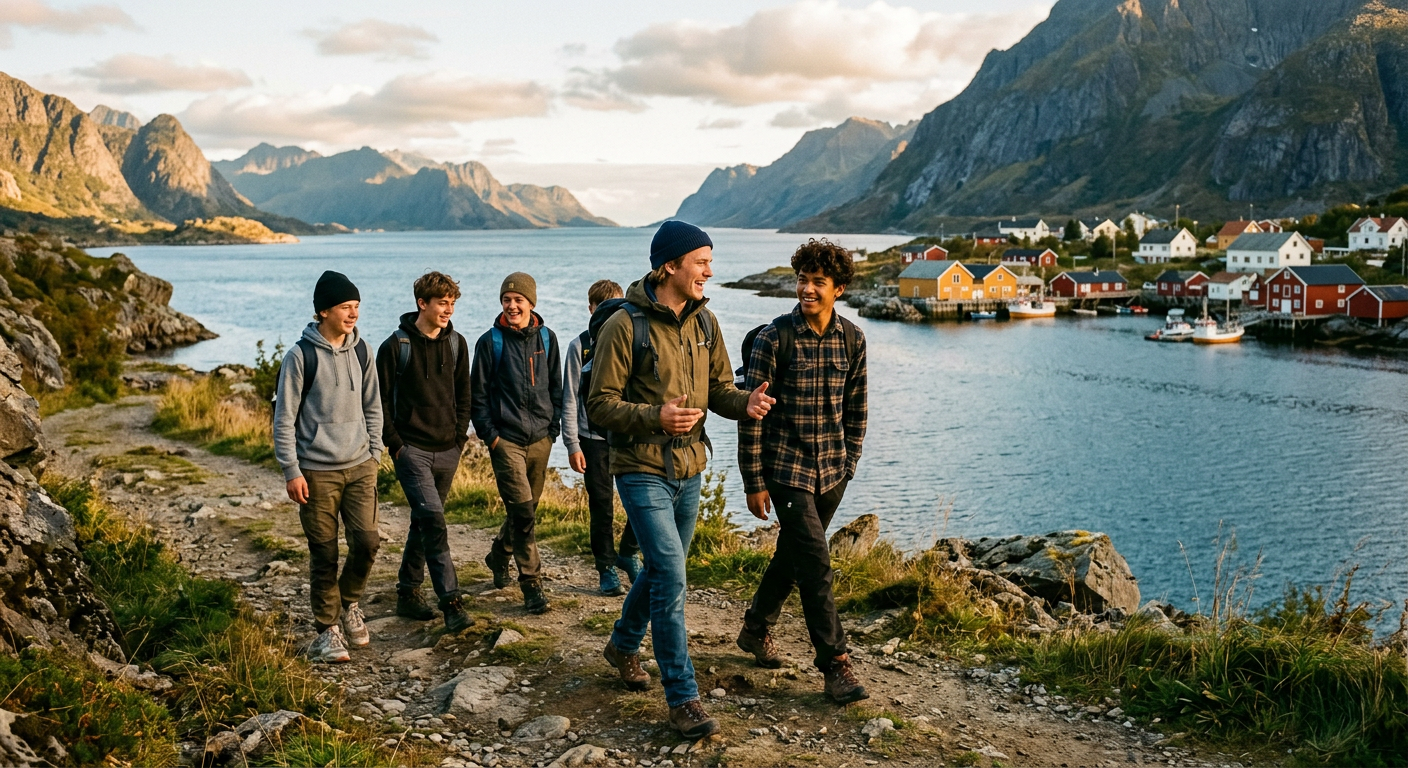 A mentor walking with a group of boys along a Norwegian fjord at sunset