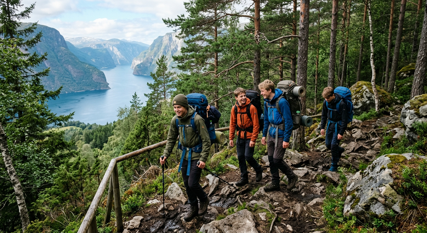 Boys hiking along a forest trail above a fjord